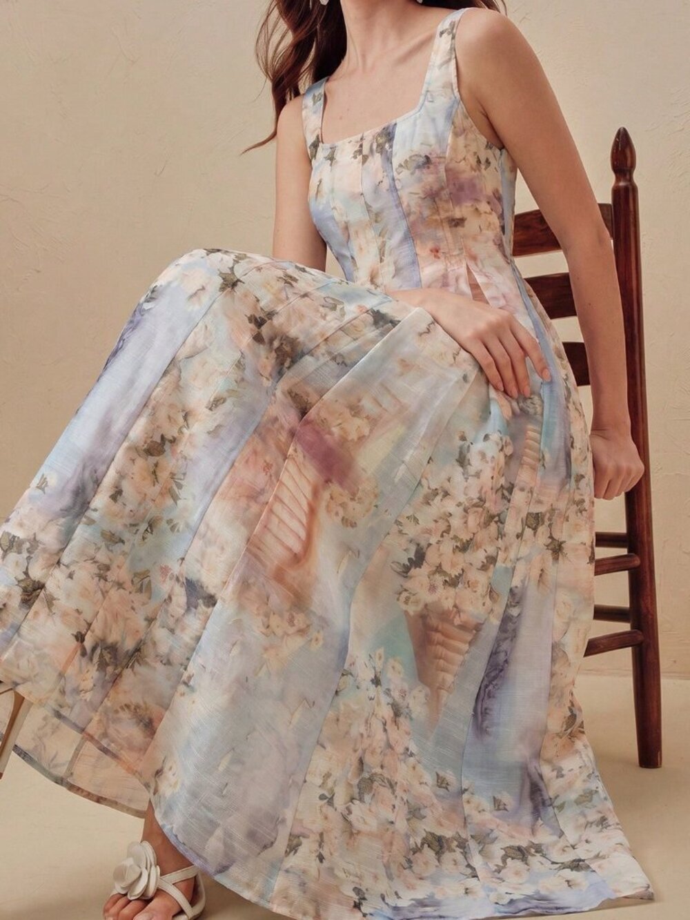 Apricot Boho Women's Square Neck Sleeveless Waist Cinched Long Dress